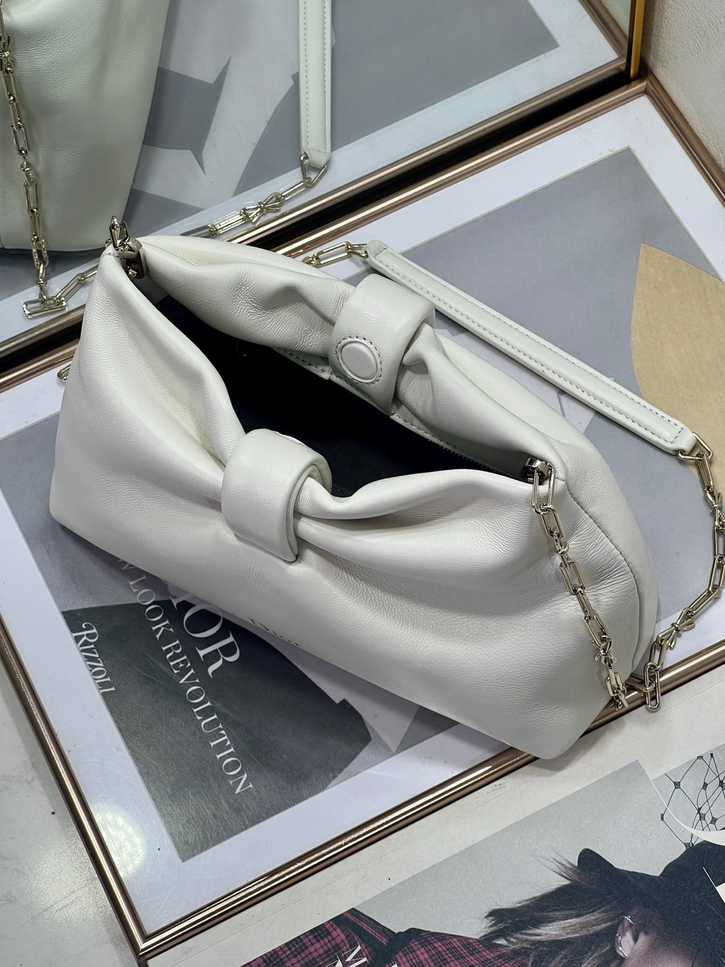 Dior White Leather Bow Chain Shoulder Bag with Gold Hardware