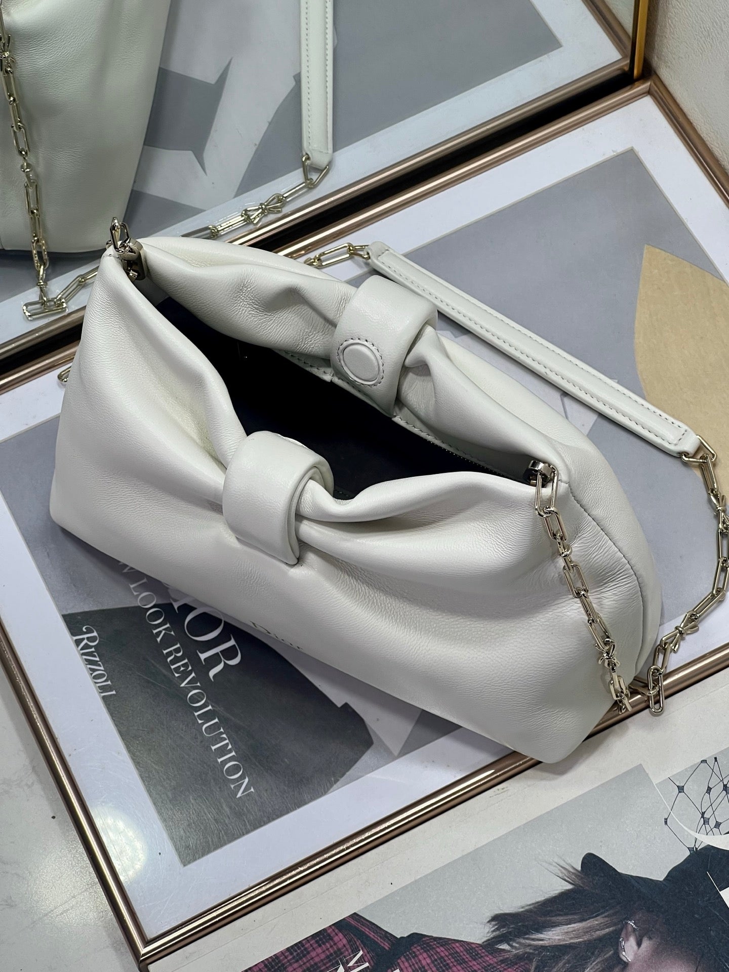 Dior White Leather Bow Chain Shoulder Bag with Gold Hardware