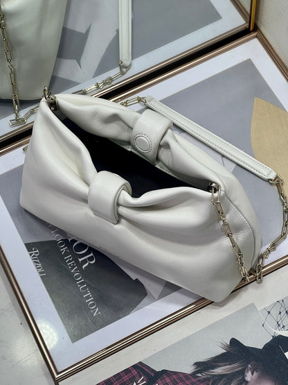 Dior White Leather Bow Chain Shoulder Bag with Gold Hardware