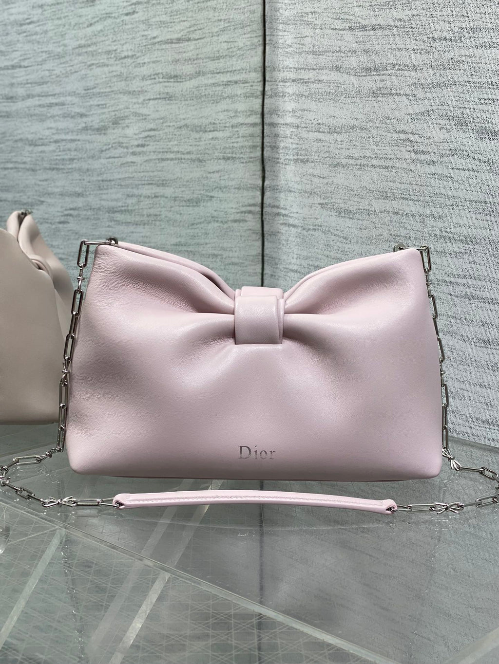 Dior Pink Leather Bow Chain Shoulder Bag with Silver Hardware