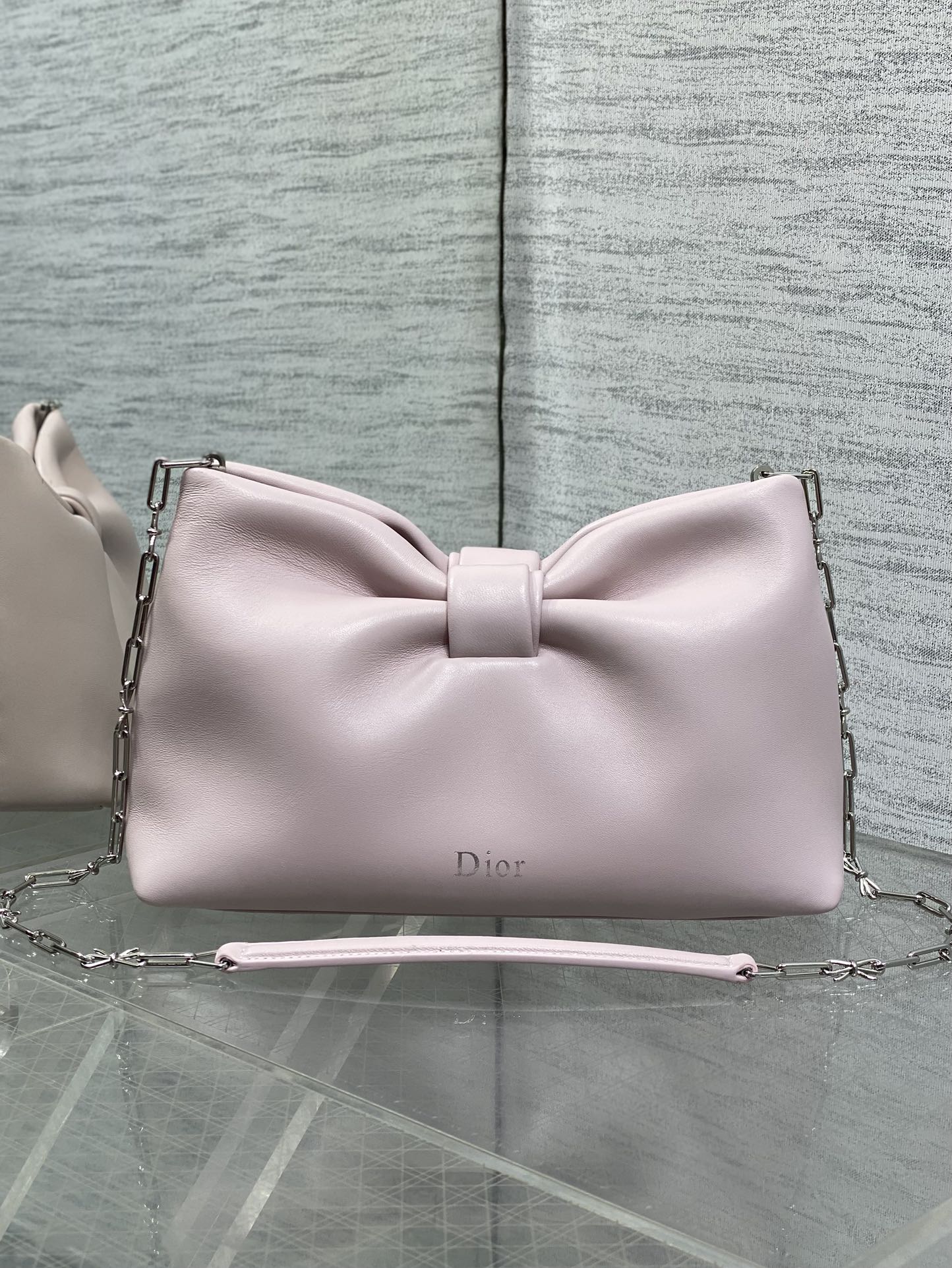Dior Pink Leather Bow Chain Shoulder Bag with Silver Hardware