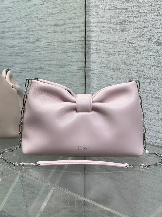 Dior Pink Leather Bow Chain Shoulder Bag with Silver Hardware