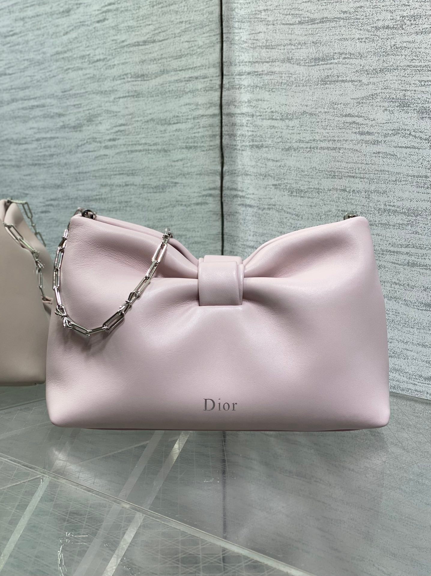 Dior Pink Leather Bow Chain Shoulder Bag with Silver Hardware