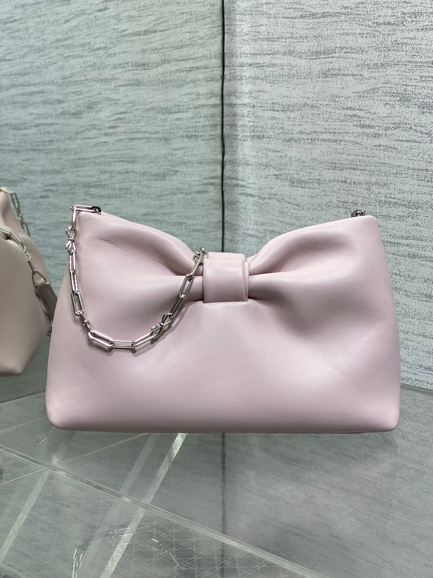 Dior Pink Leather Bow Chain Shoulder Bag with Silver Hardware