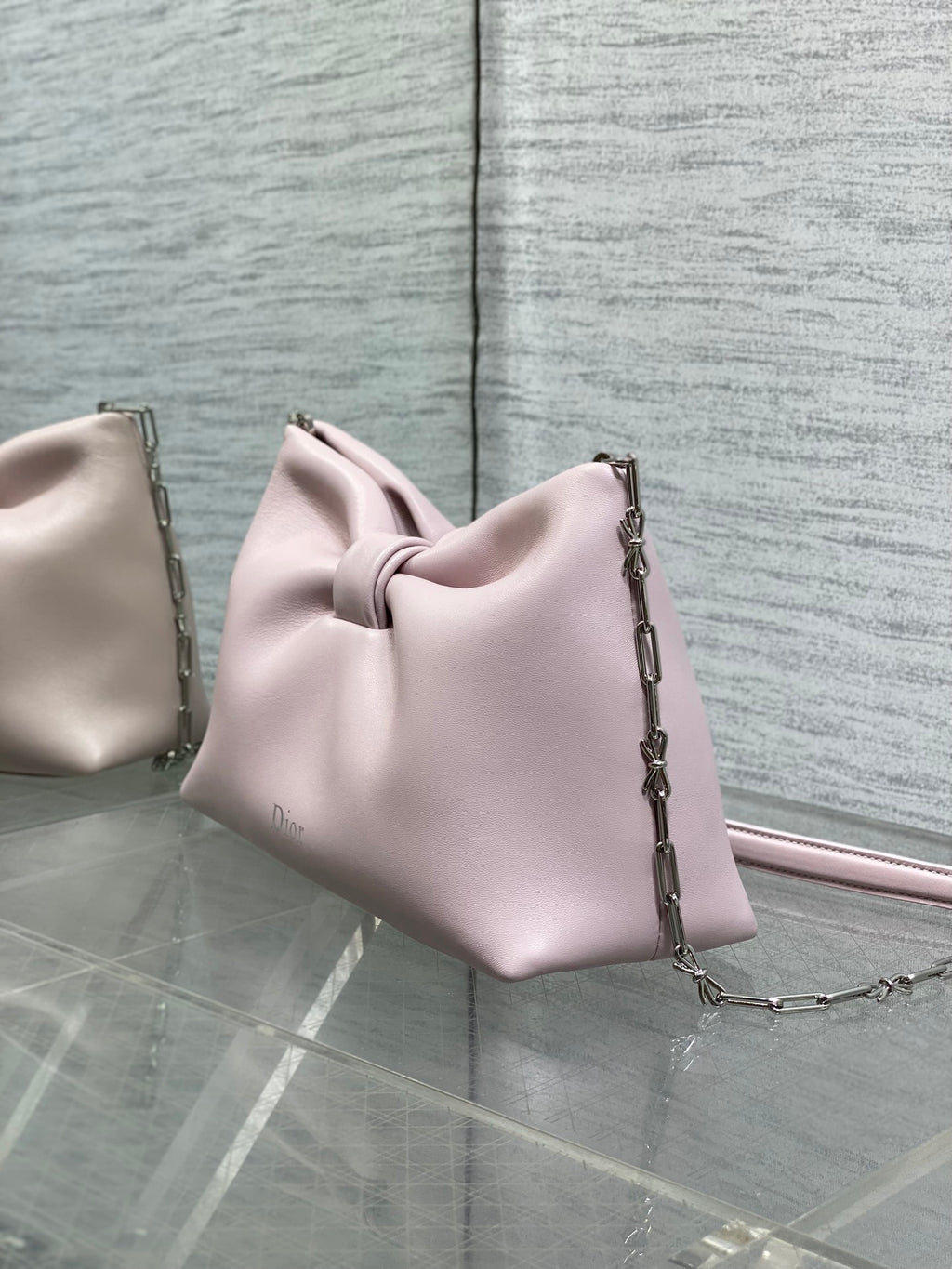 Dior Pink Leather Bow Chain Shoulder Bag with Silver Hardware