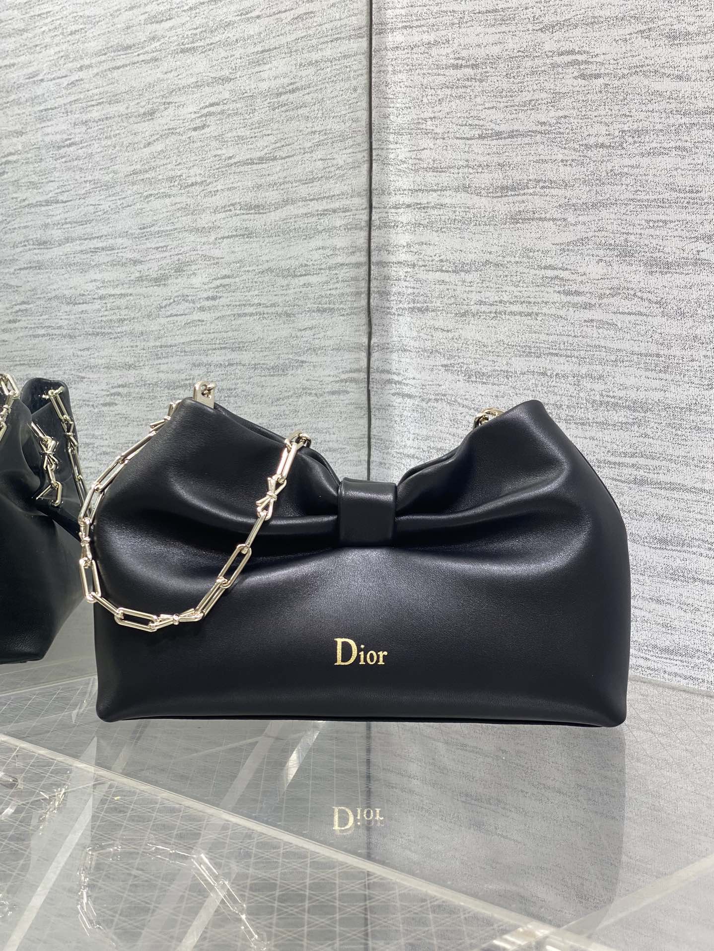 Dior Black Lambskin Bow Chain Shoulder Bag with Gold Hardware (SS26)