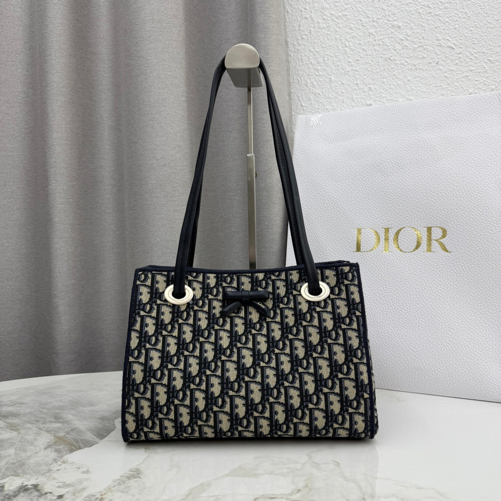 Dior Blue Oblique Jacquard Small Tote Bag with Bow Detail