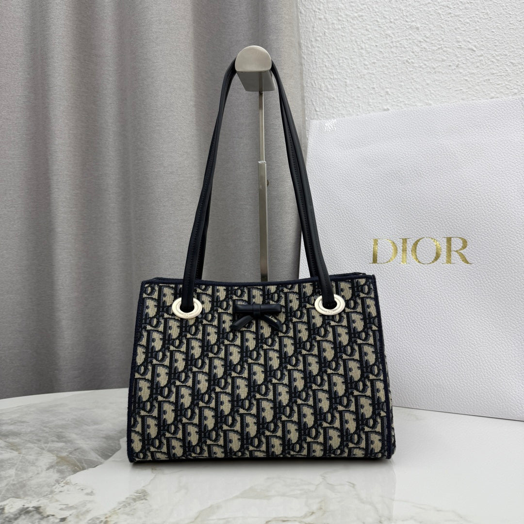 Dior Blue Oblique Jacquard Small Tote Bag with Bow Detail