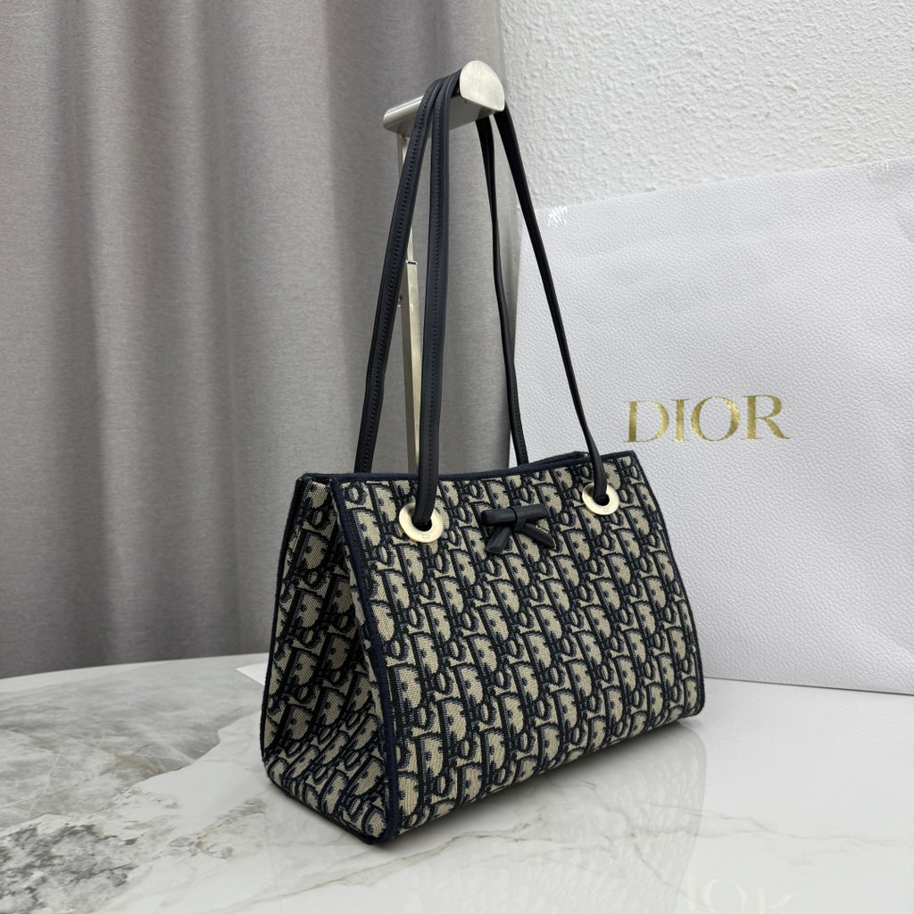 Dior Blue Oblique Jacquard Small Tote Bag with Bow Detail
