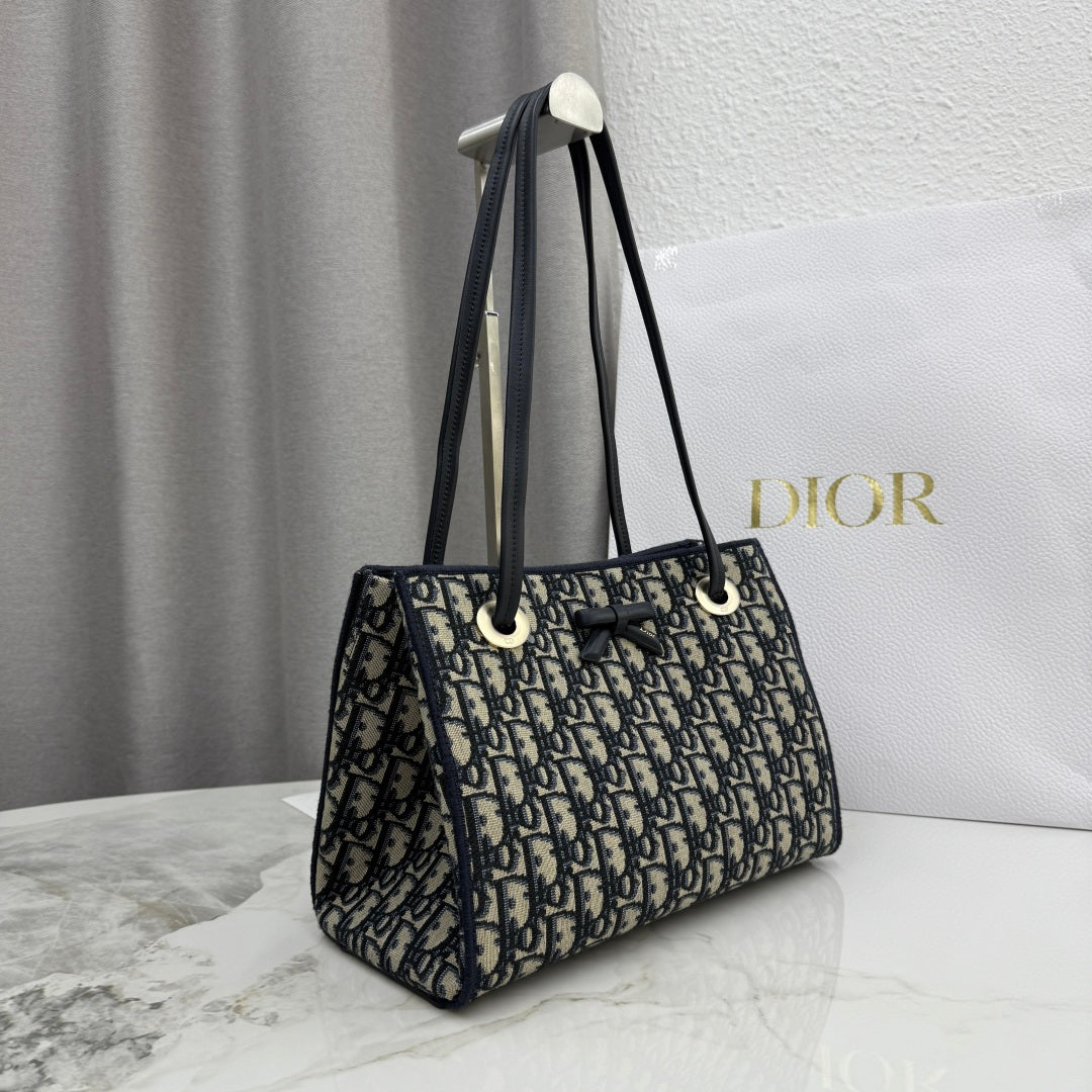 Dior Blue Oblique Jacquard Small Tote Bag with Bow Detail