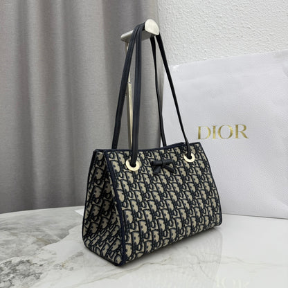 Dior Blue Oblique Jacquard Small Tote Bag with Bow Detail