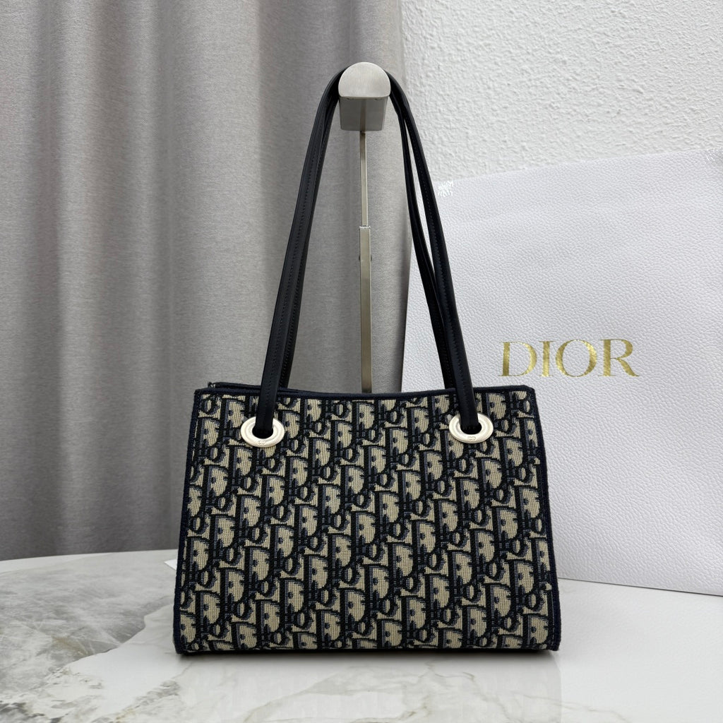 Dior Blue Oblique Jacquard Small Tote Bag with Bow Detail