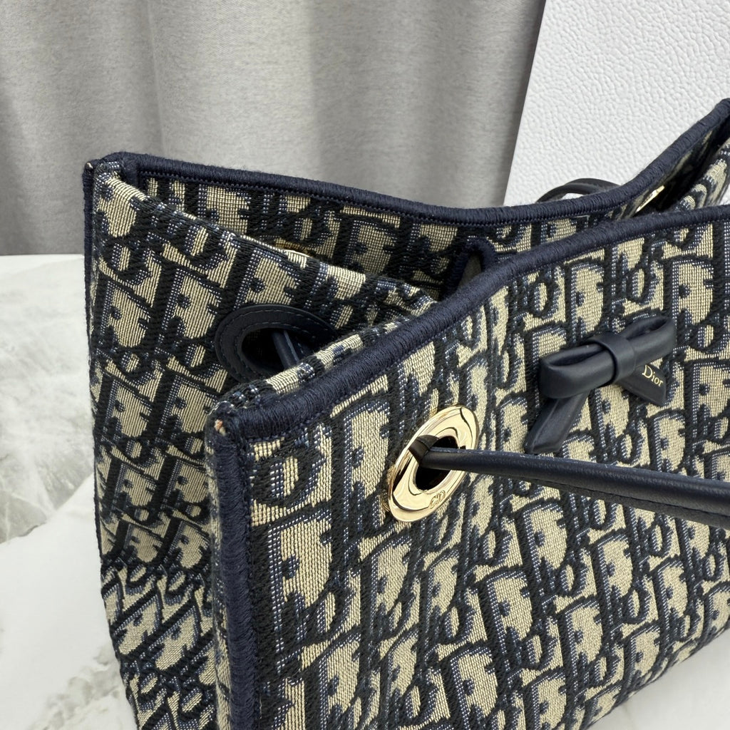 Dior Blue Oblique Jacquard Small Tote Bag with Bow Detail