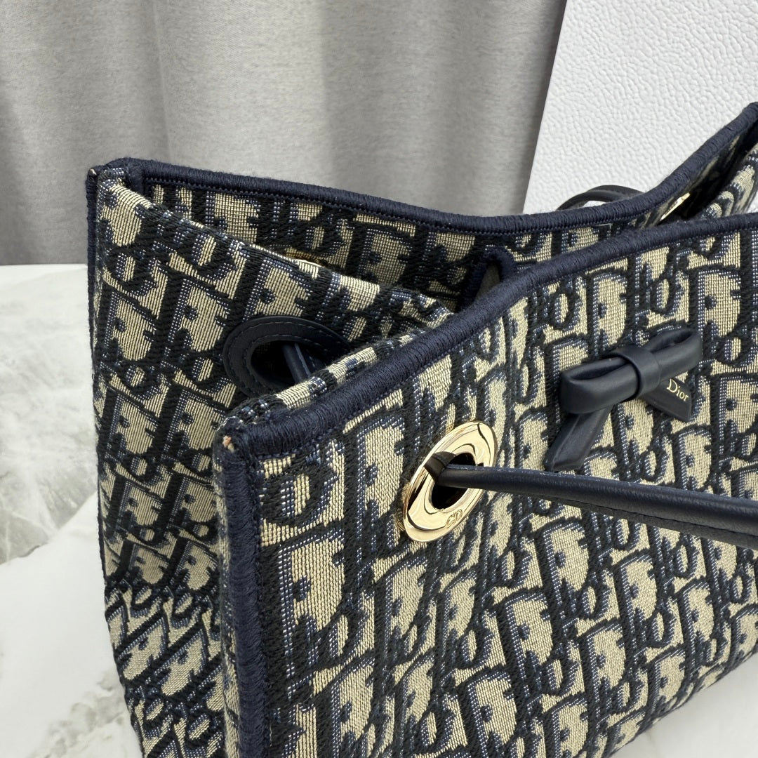 Dior Blue Oblique Jacquard Small Tote Bag with Bow Detail