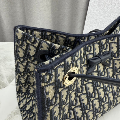 Dior Blue Oblique Jacquard Small Tote Bag with Bow Detail