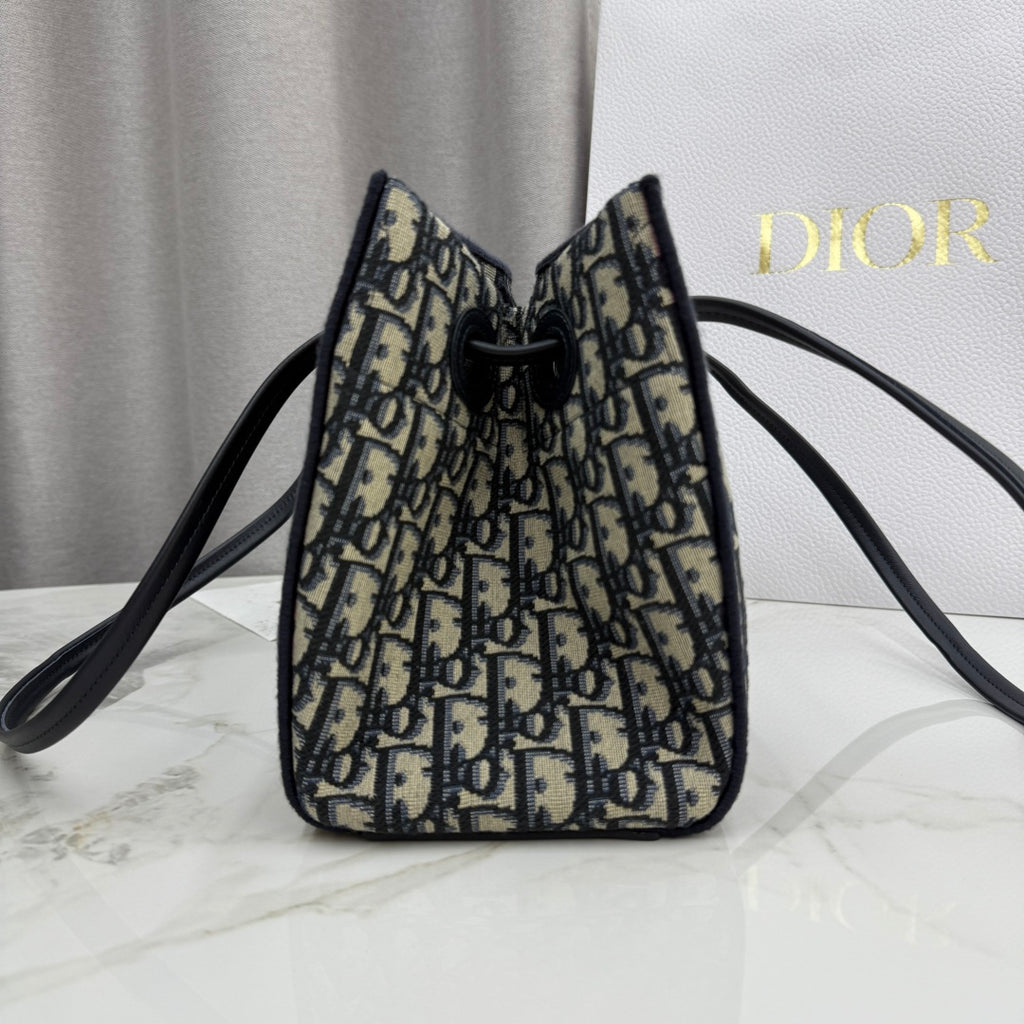 Dior Blue Oblique Jacquard Small Tote Bag with Bow Detail