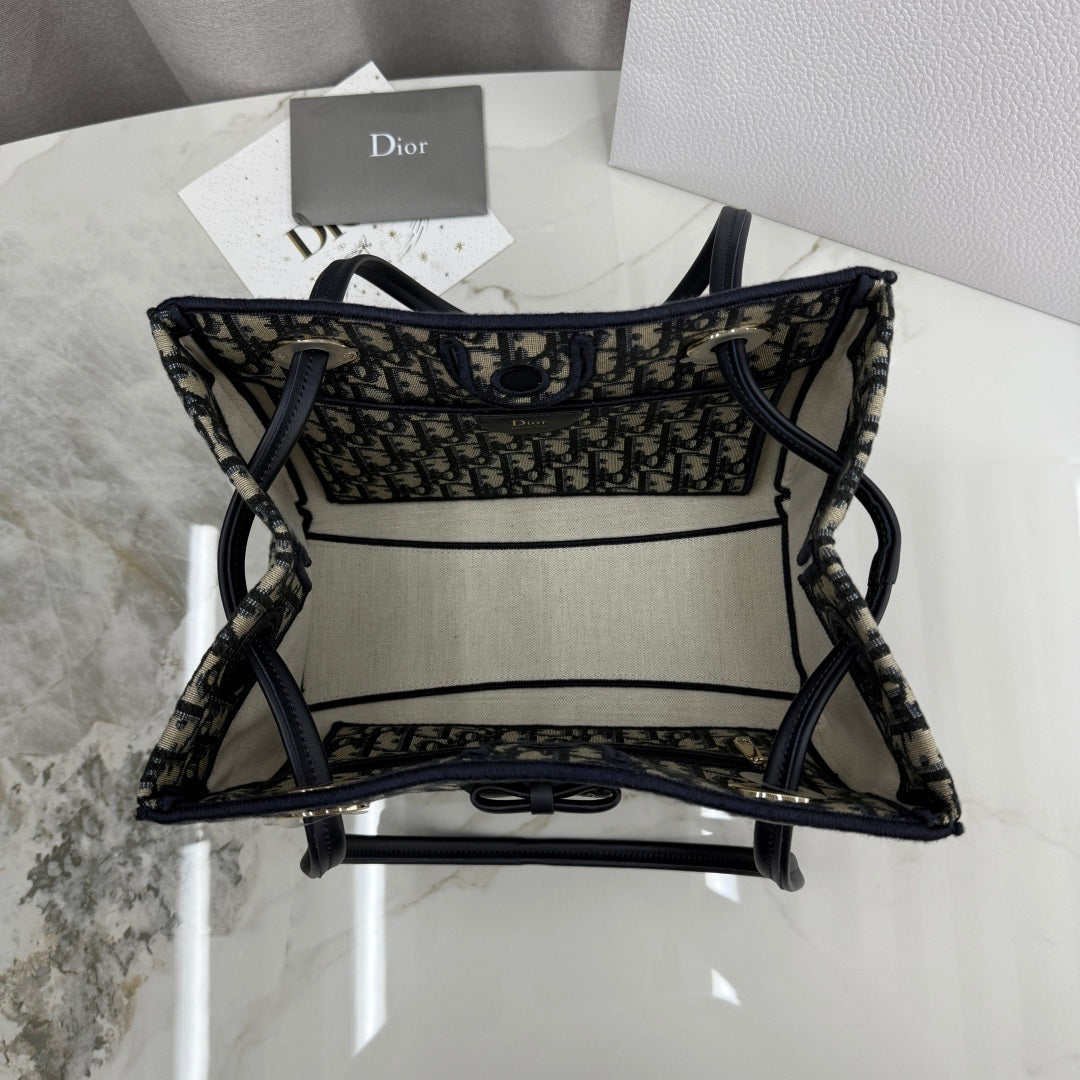 Dior Blue Oblique Jacquard Small Tote Bag with Bow Detail
