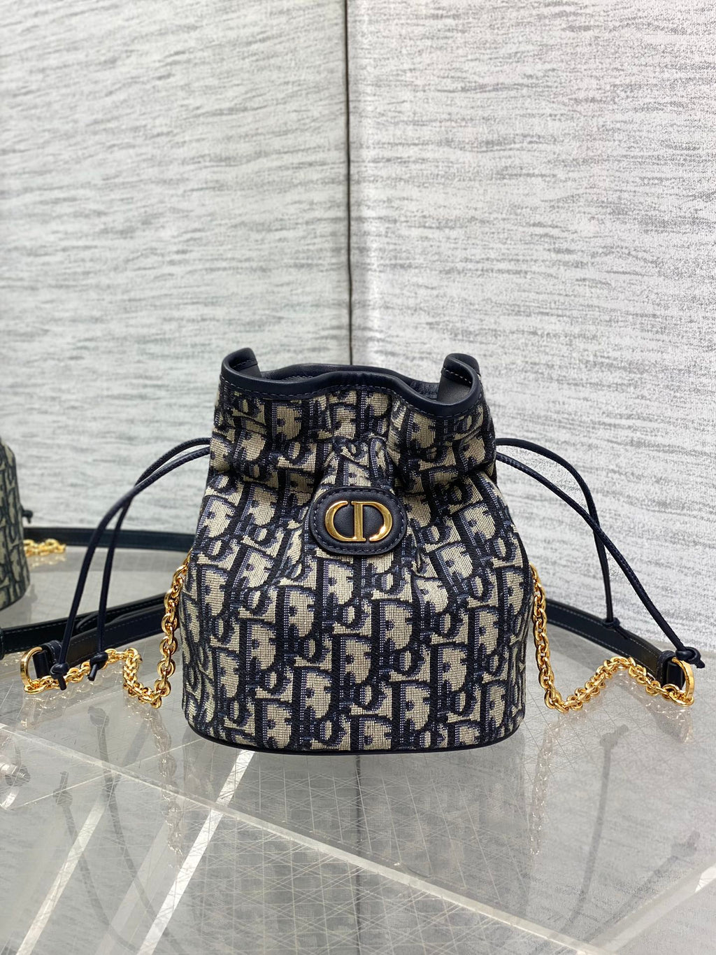 Dior Miss Caro Blue Oblique Jacquard Mini Bucket Bag with Chain