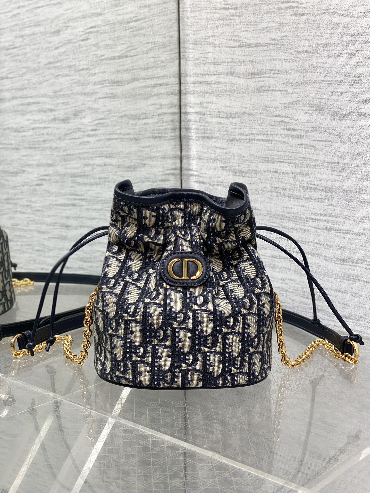 Dior Miss Caro Blue Oblique Jacquard Mini Bucket Bag with Chain
