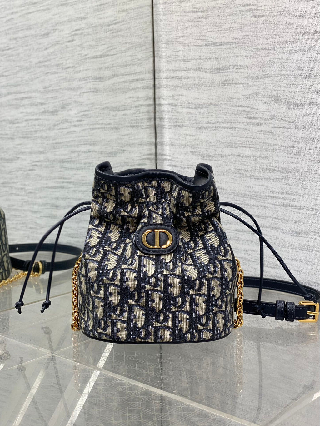 Dior Miss Caro Blue Oblique Jacquard Mini Bucket Bag with Chain