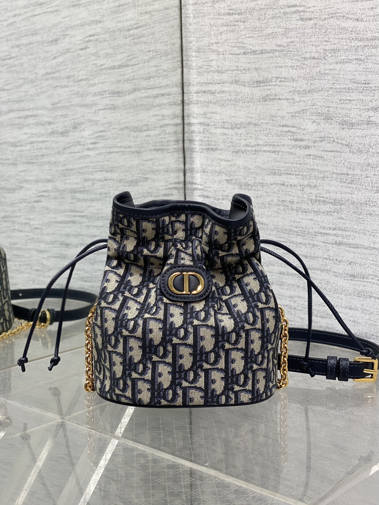 Dior Miss Caro Blue Oblique Jacquard Mini Bucket Bag with Chain