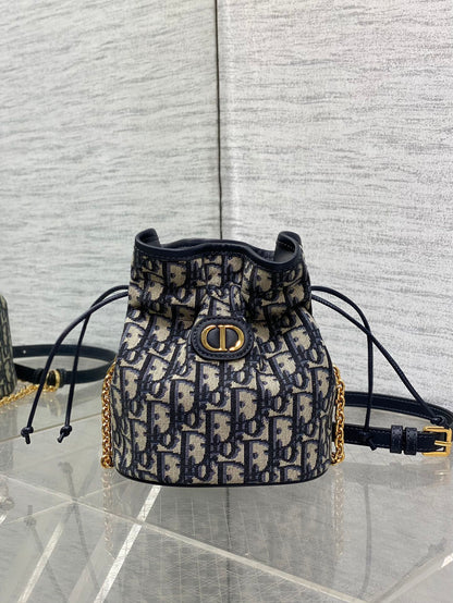 Dior Miss Caro Blue Oblique Jacquard Mini Bucket Bag with Chain