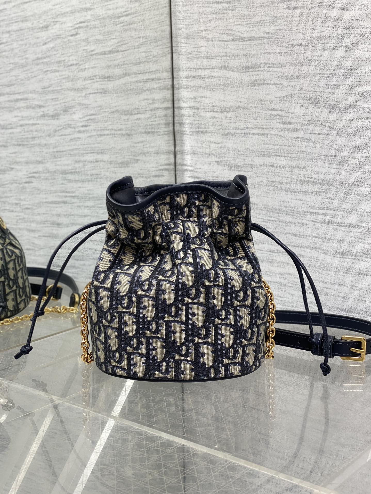 Dior Miss Caro Blue Oblique Jacquard Mini Bucket Bag with Chain