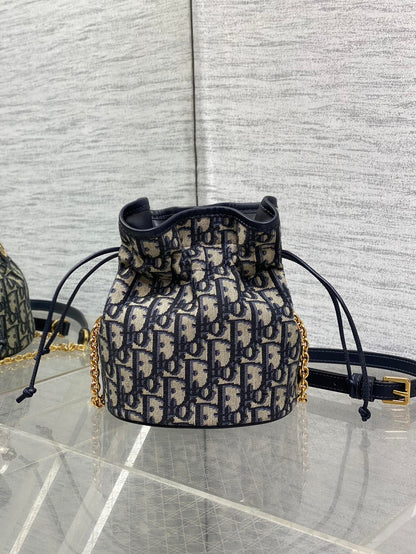 Dior Miss Caro Blue Oblique Jacquard Mini Bucket Bag with Chain