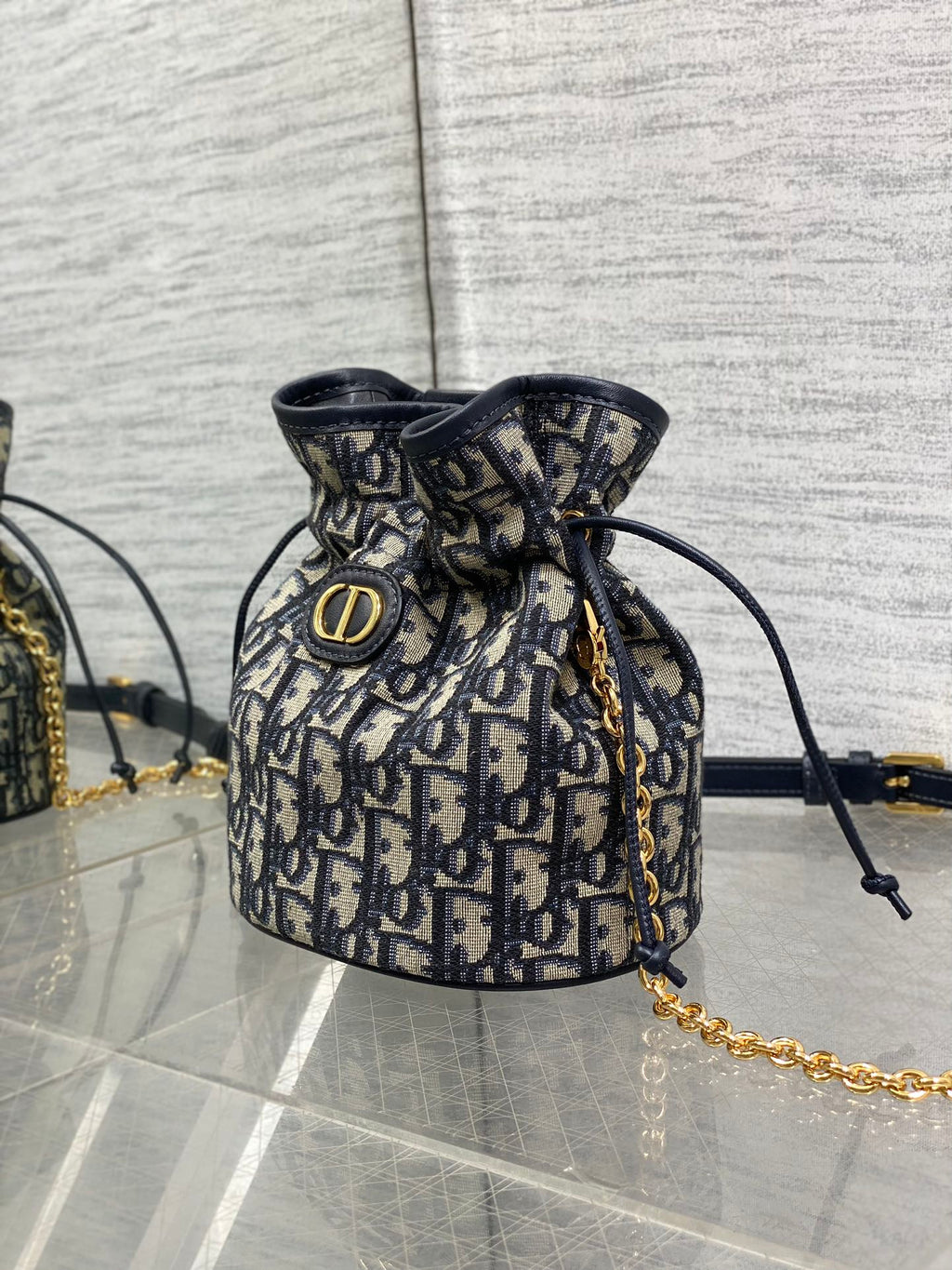 Dior Miss Caro Blue Oblique Jacquard Mini Bucket Bag with Chain
