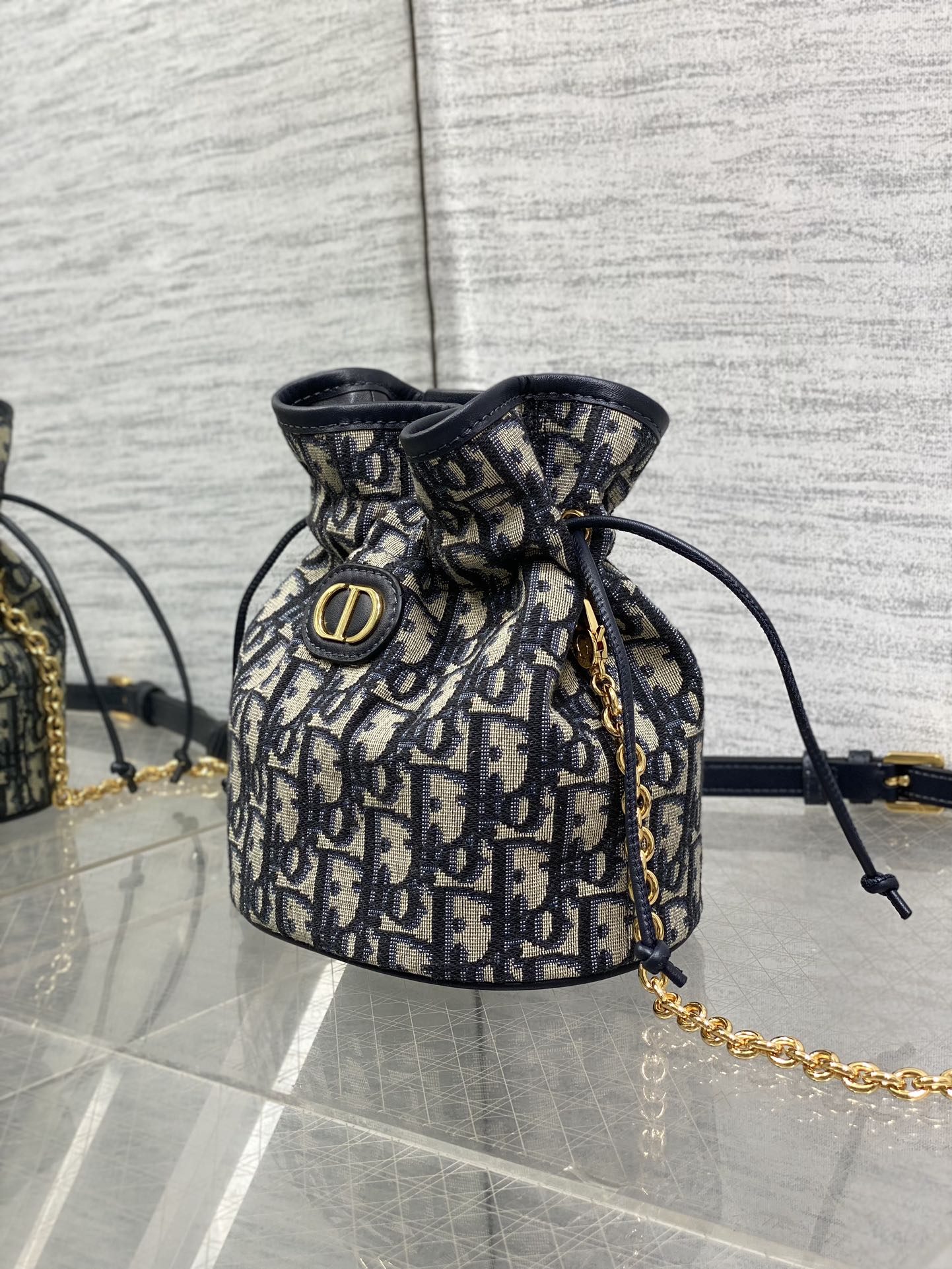 Dior Miss Caro Blue Oblique Jacquard Mini Bucket Bag with Chain