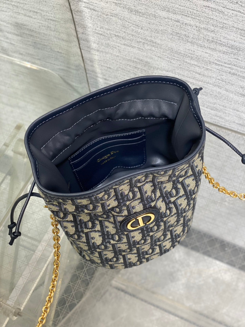 Dior Miss Caro Blue Oblique Jacquard Mini Bucket Bag with Chain