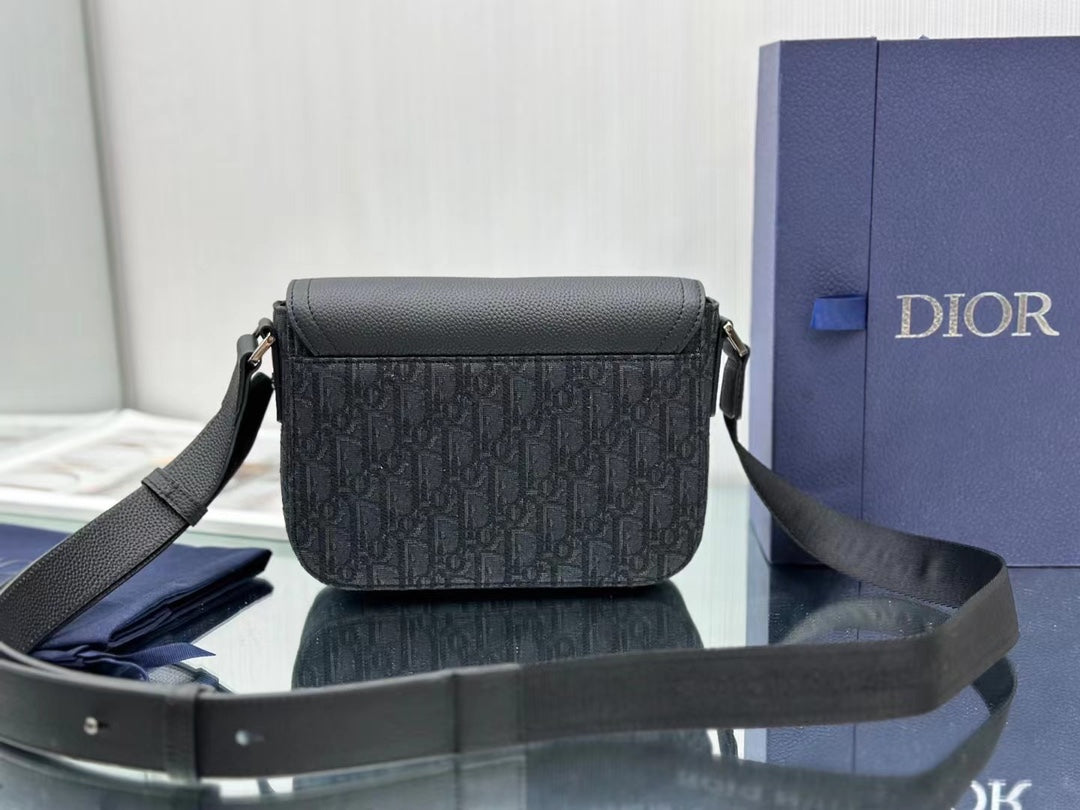 Dior Total Black Leather and Oblique Jacquard Saddle Messenger Bag