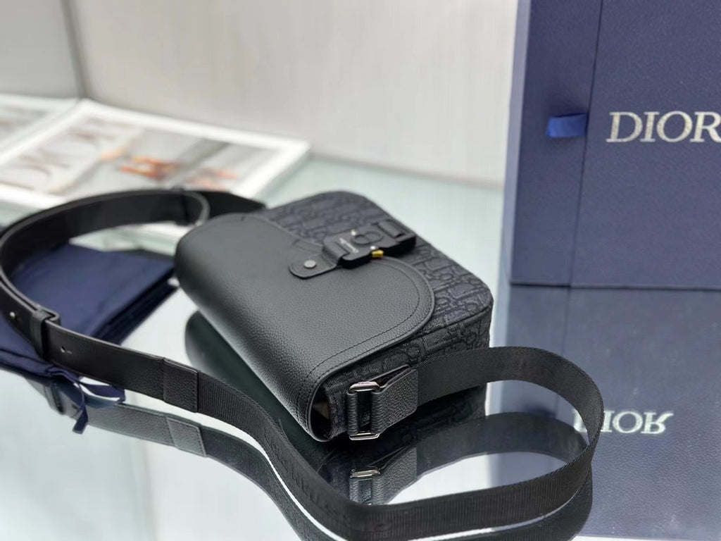 Dior Total Black Leather and Oblique Jacquard Saddle Messenger Bag