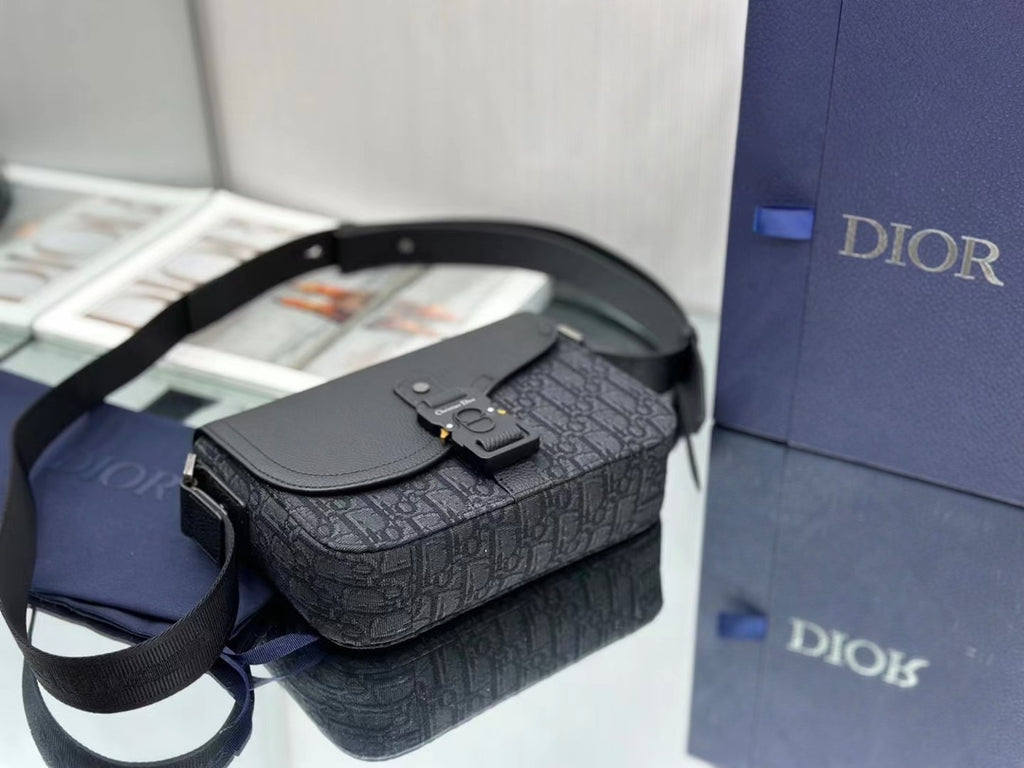Dior Total Black Leather and Oblique Jacquard Saddle Messenger Bag