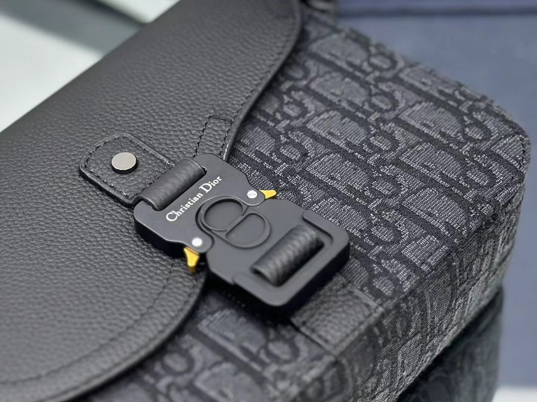 Dior Total Black Leather and Oblique Jacquard Saddle Messenger Bag
