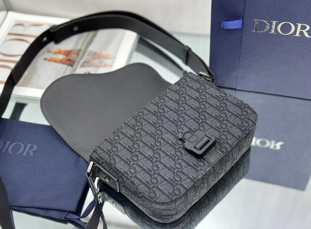 Dior Total Black Leather and Oblique Jacquard Saddle Messenger Bag