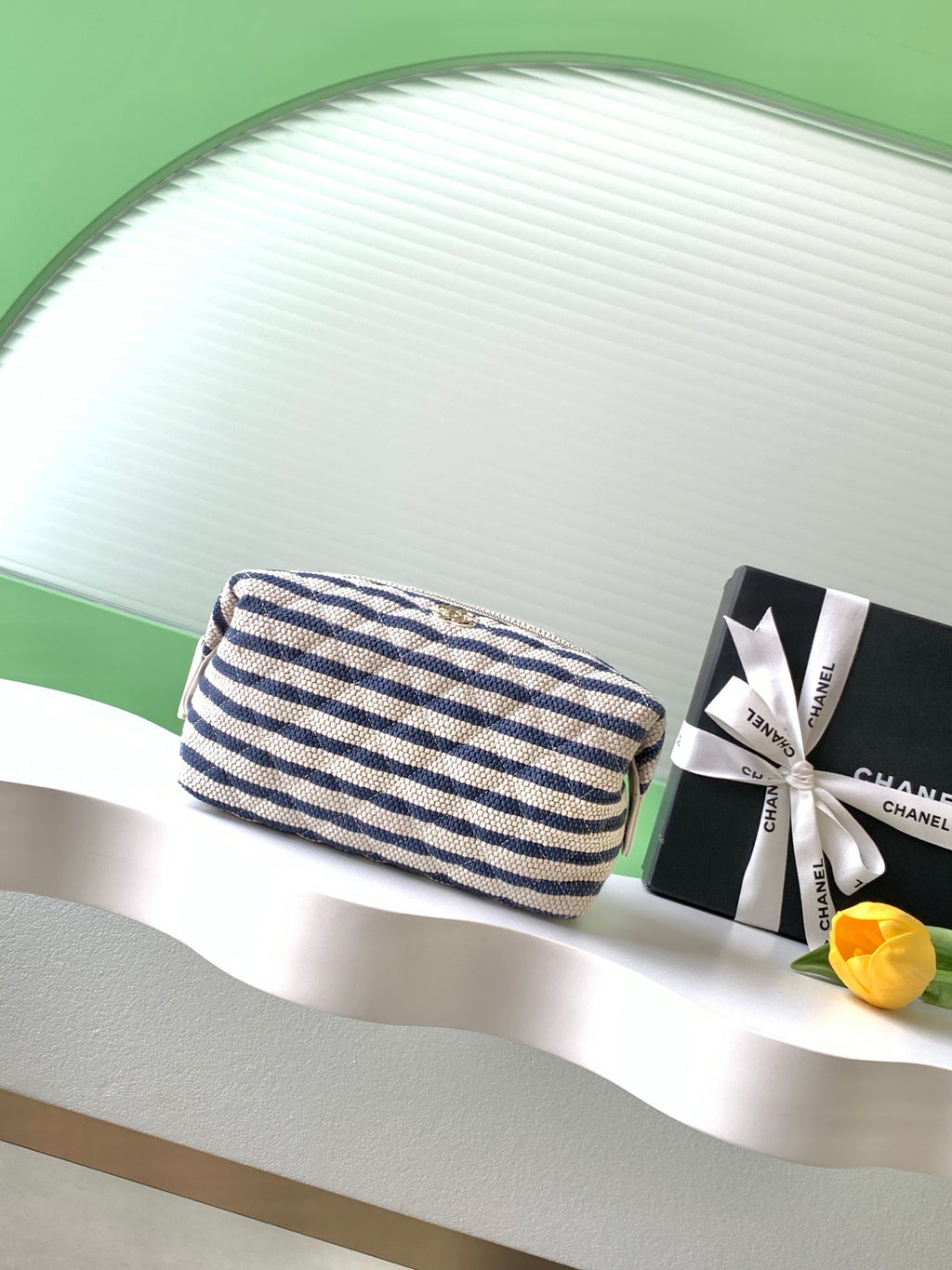 Chanel Small Striped Raffia O-Case Pouch Bag with Gold Hardware (26C)