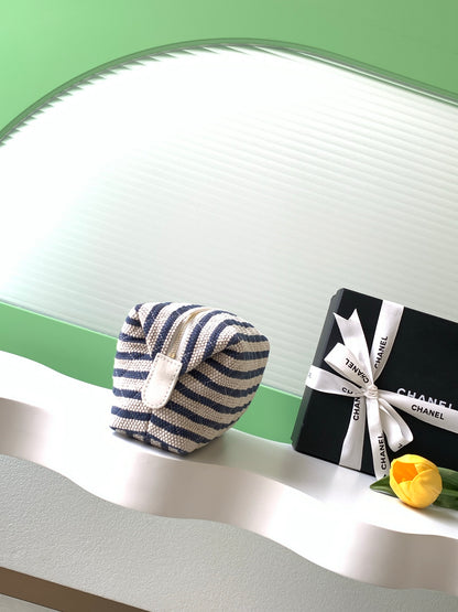 Chanel Small Striped Raffia O-Case Pouch Bag with Gold Hardware (26C)
