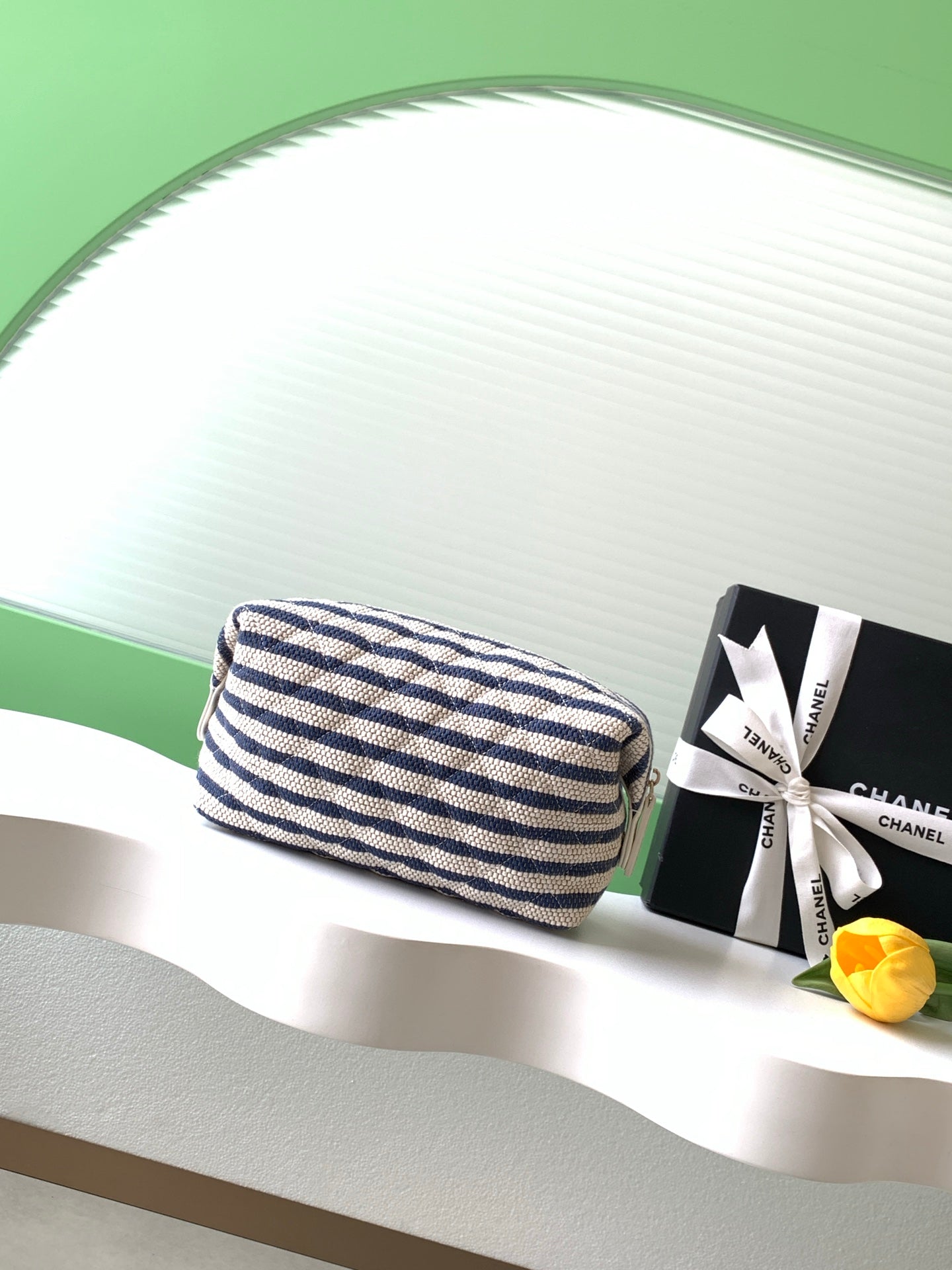 Chanel Small Striped Raffia O-Case Pouch Bag with Gold Hardware (26C)