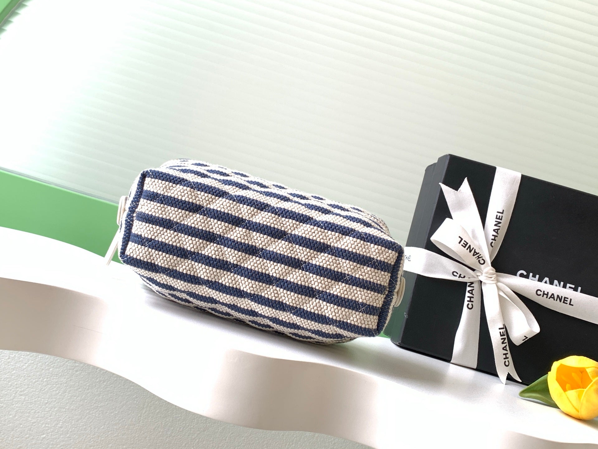 Chanel Small Striped Raffia O-Case Pouch Bag with Gold Hardware (26C)