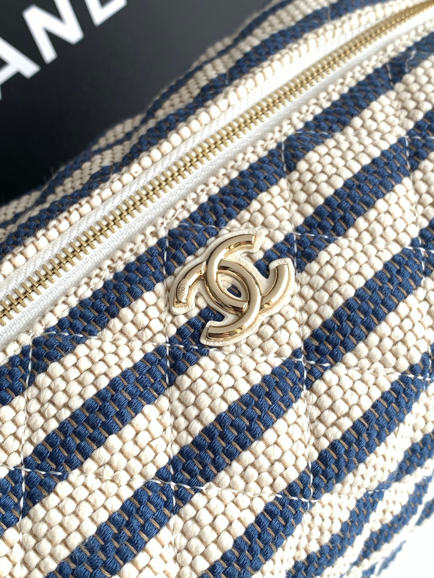 Chanel Small Striped Raffia O-Case Pouch Bag with Gold Hardware (26C)