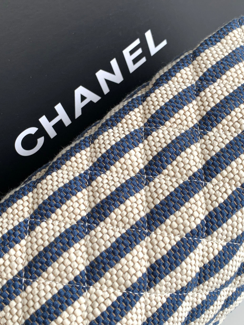 Chanel Small Striped Raffia O-Case Pouch Bag with Gold Hardware (26C)