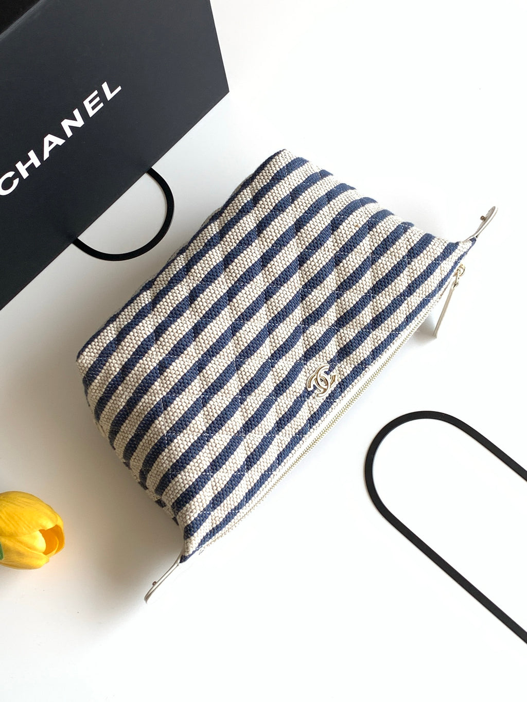 Chanel Small Striped Raffia O-Case Pouch Bag with Gold Hardware (26C)