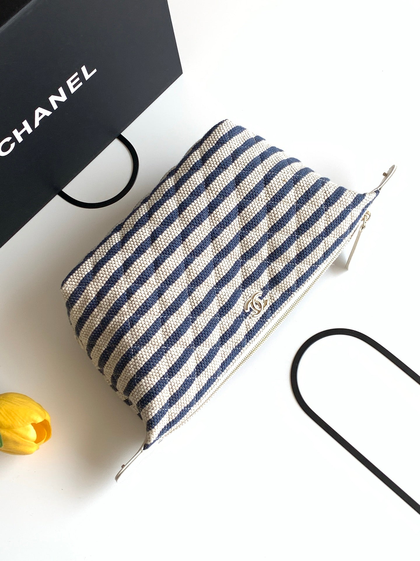 Chanel Small Striped Raffia O-Case Pouch Bag with Gold Hardware (26C)