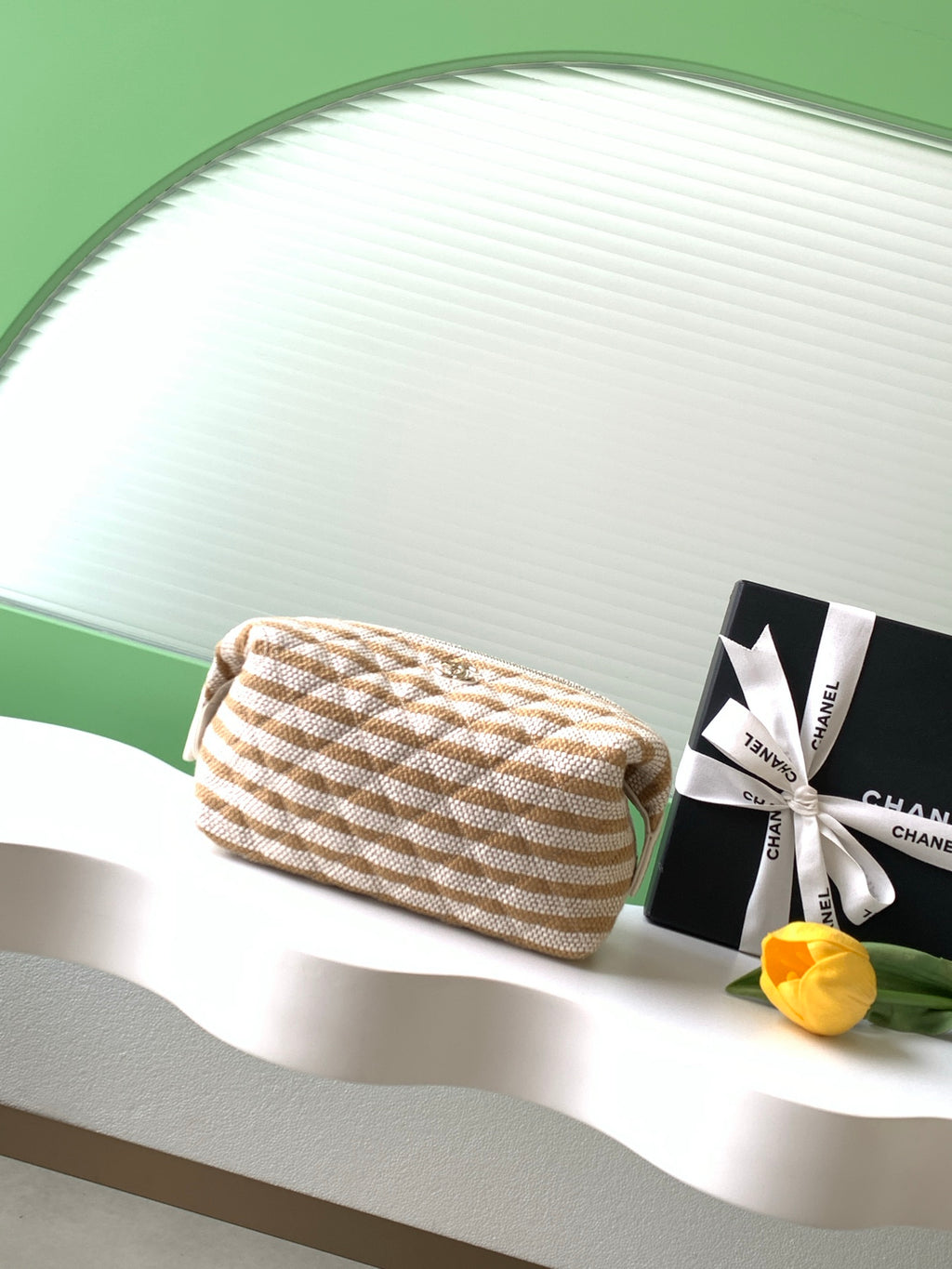 Chanel Small Striped Raffia O-Case Pouch Bag Beige and Gold with Gold Hardware (26C)