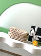 Chanel Small Striped Raffia O-Case Pouch Bag Beige and Gold with Gold Hardware (26C)
