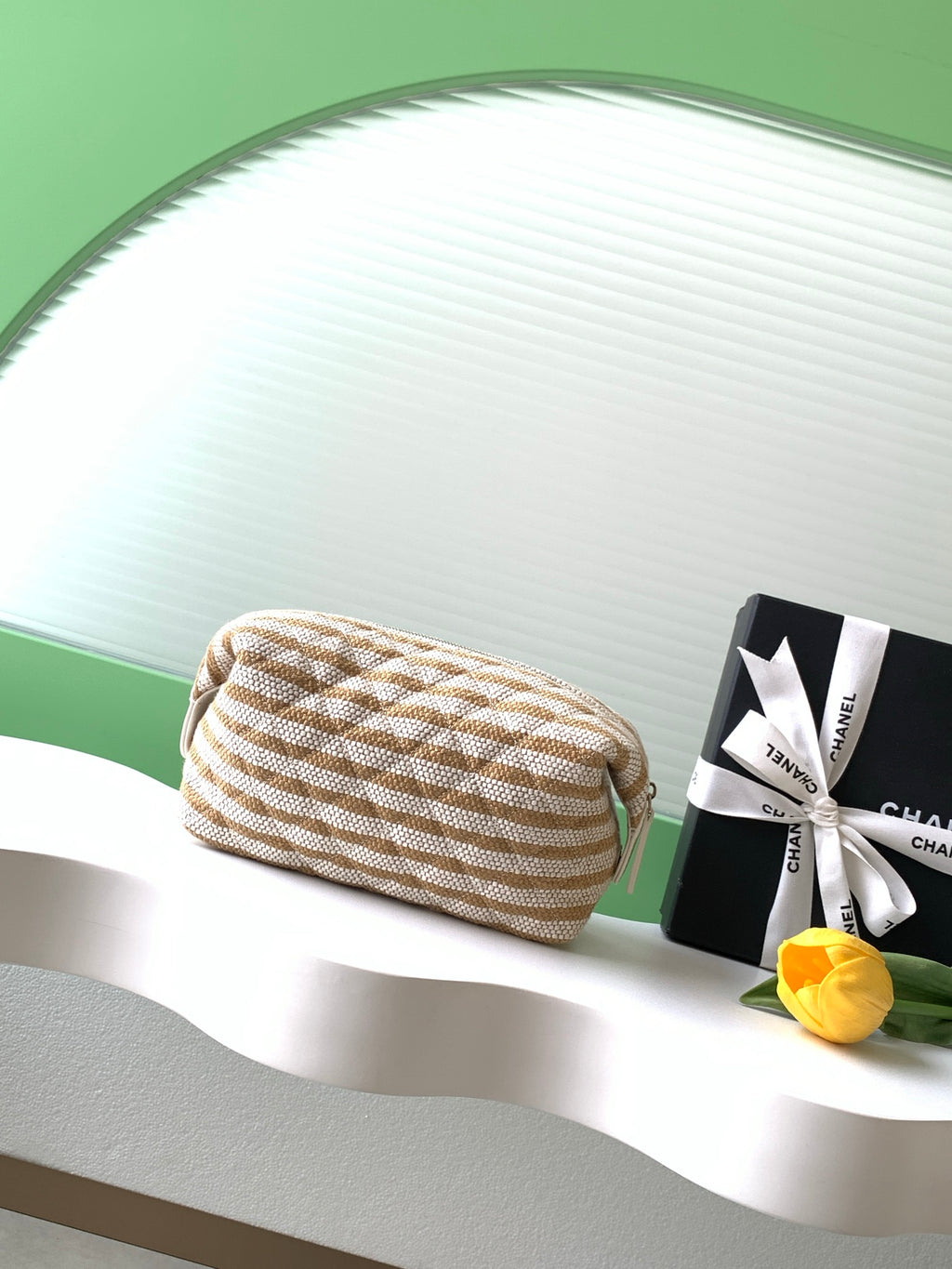 Chanel Small Striped Raffia O-Case Pouch Bag Beige and Gold with Gold Hardware (26C)