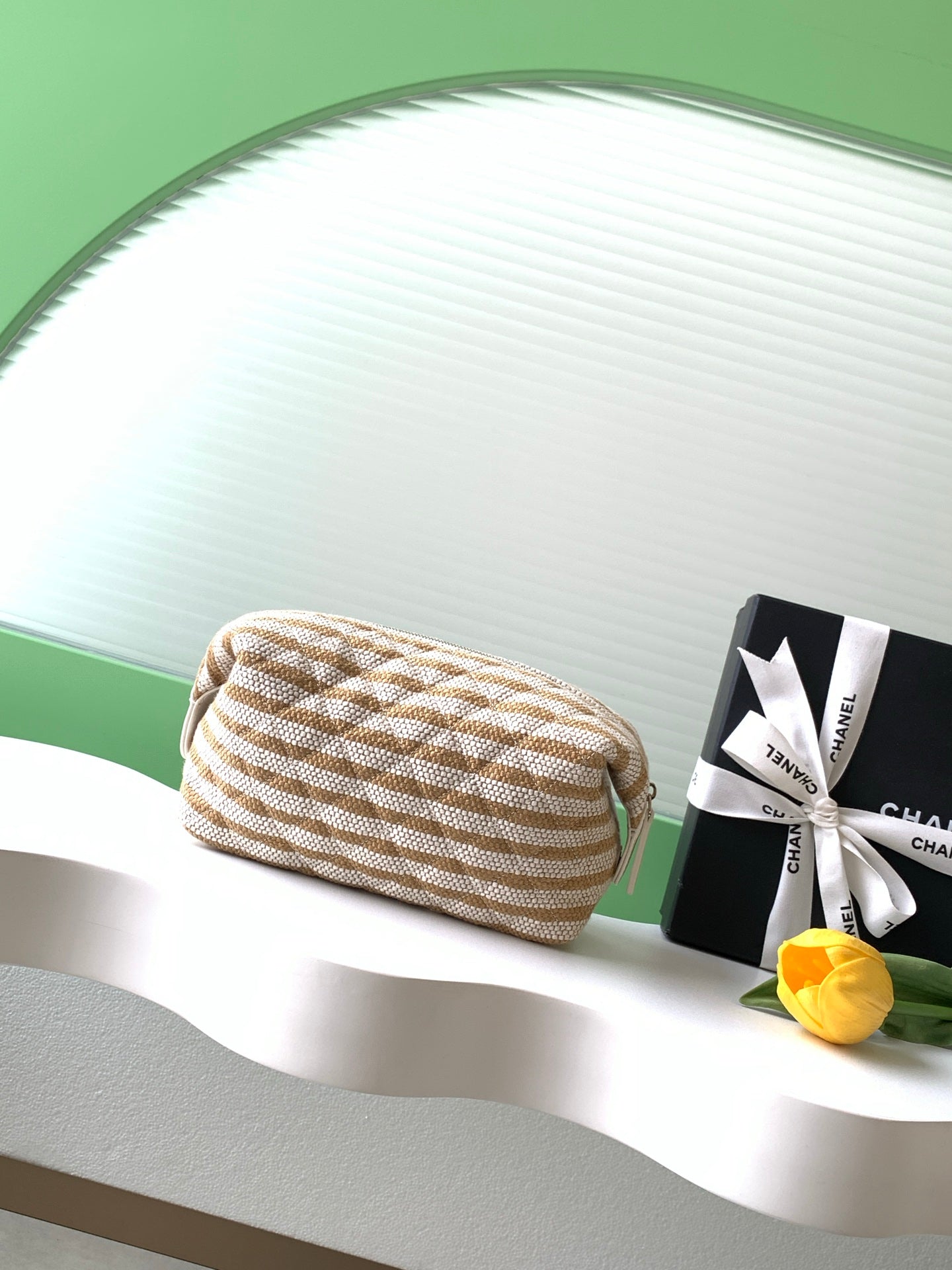 Chanel Small Striped Raffia O-Case Pouch Bag Beige and Gold with Gold Hardware (26C)