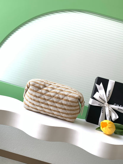 Chanel Small Striped Raffia O-Case Pouch Bag Beige and Gold with Gold Hardware (26C)
