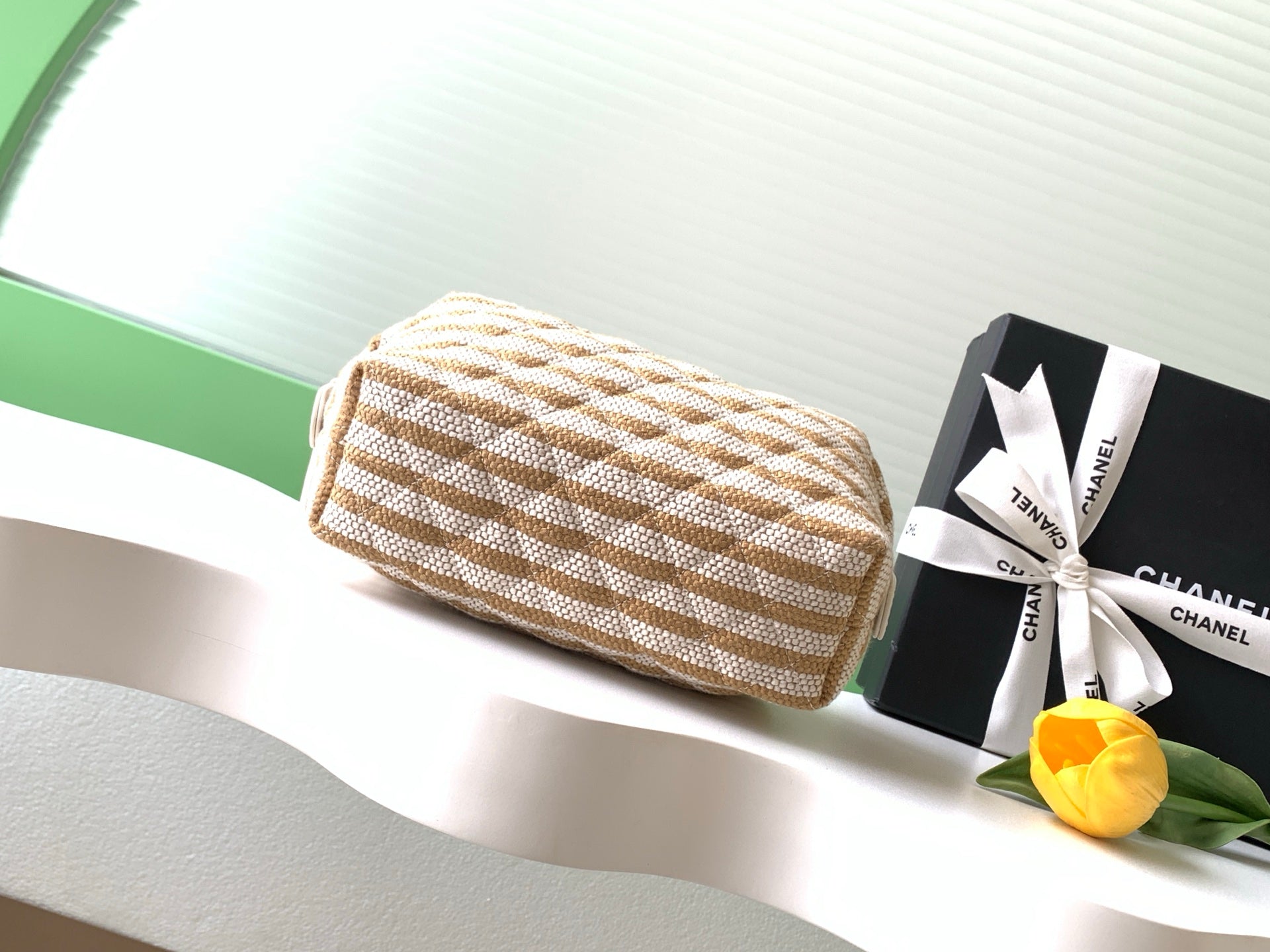 Chanel Small Striped Raffia O-Case Pouch Bag Beige and Gold with Gold Hardware (26C)